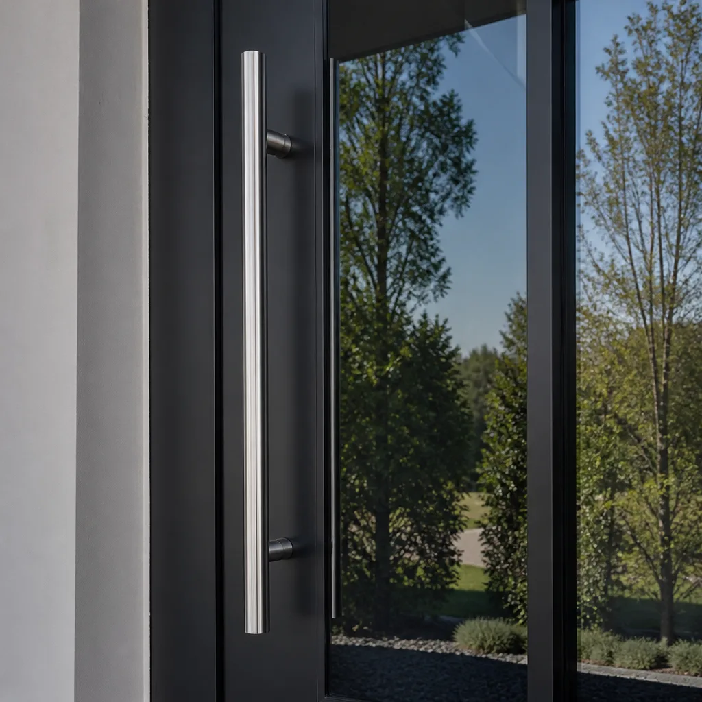 Modern black glass door with polished stainless steel handle installation
