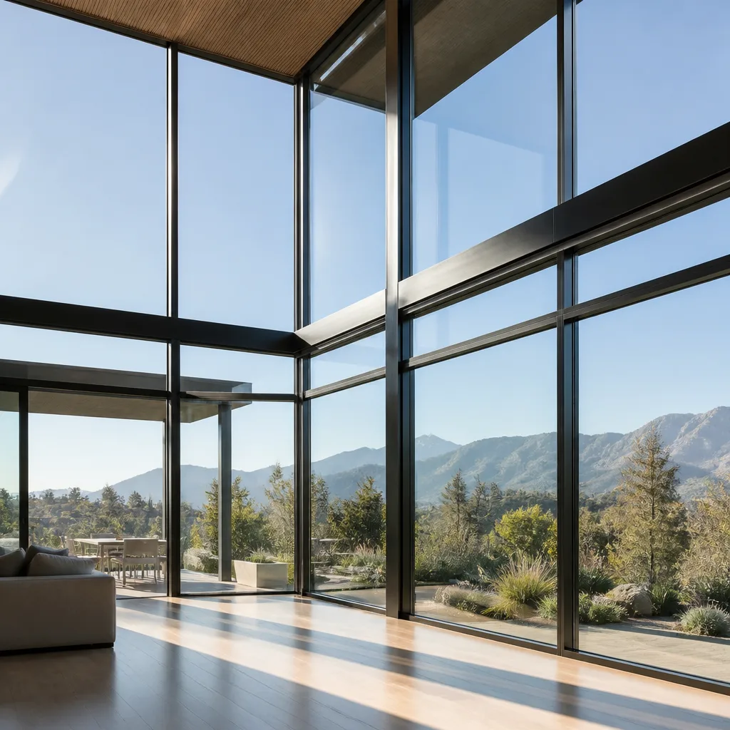 Modern floor-to-ceiling glass windows with a scenic mountain view