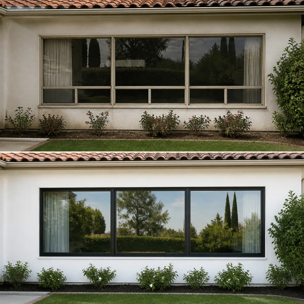 Before and after home window replacement showing new black frame windows